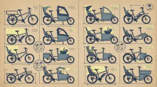 Illustration af forskellige ladcykeltyper med barnesæder, seler og kaleche stillet op ved siden af hinanden