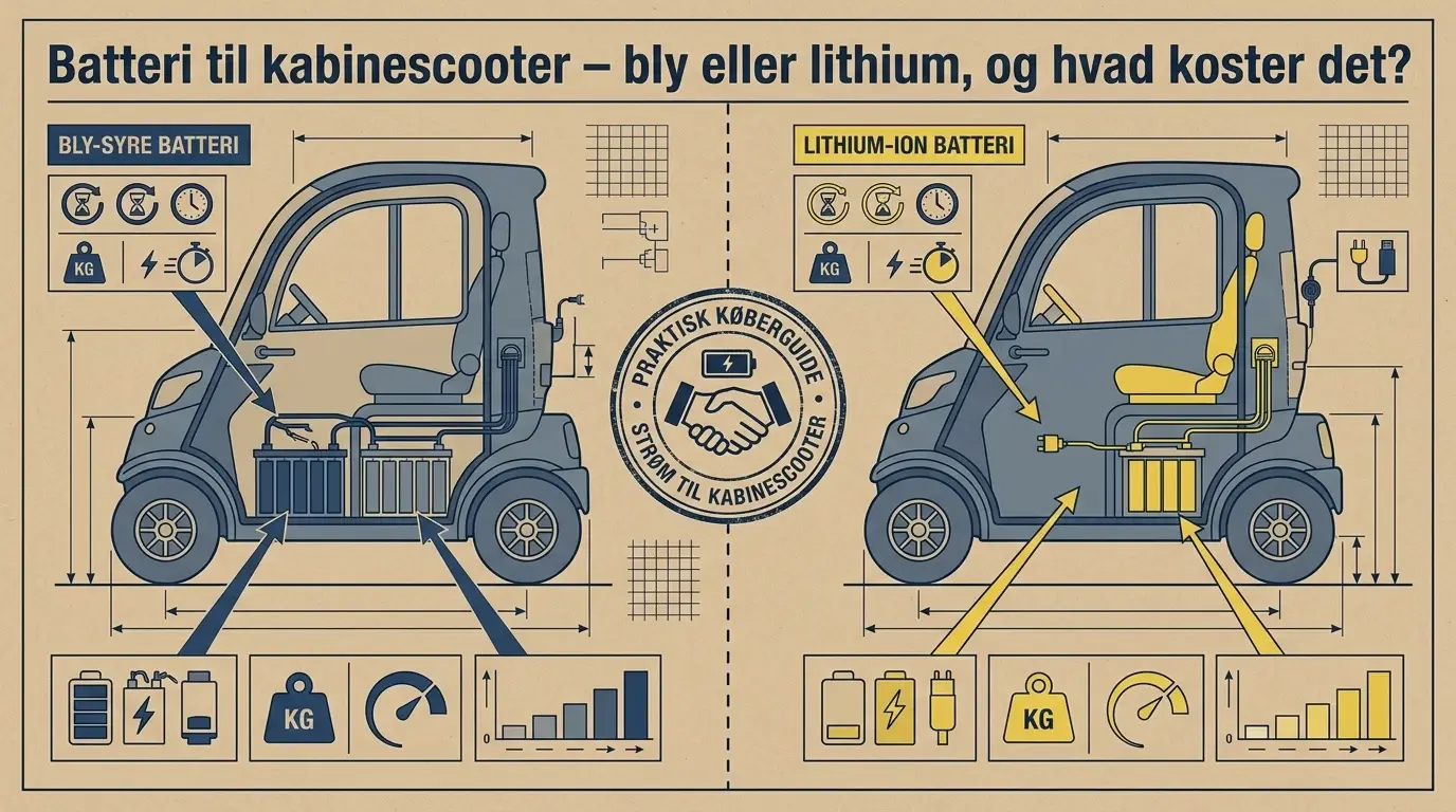 Snittegning af to kabinescootere side om side, den ene med blysyrebatteri og den anden med lithiumbatteri