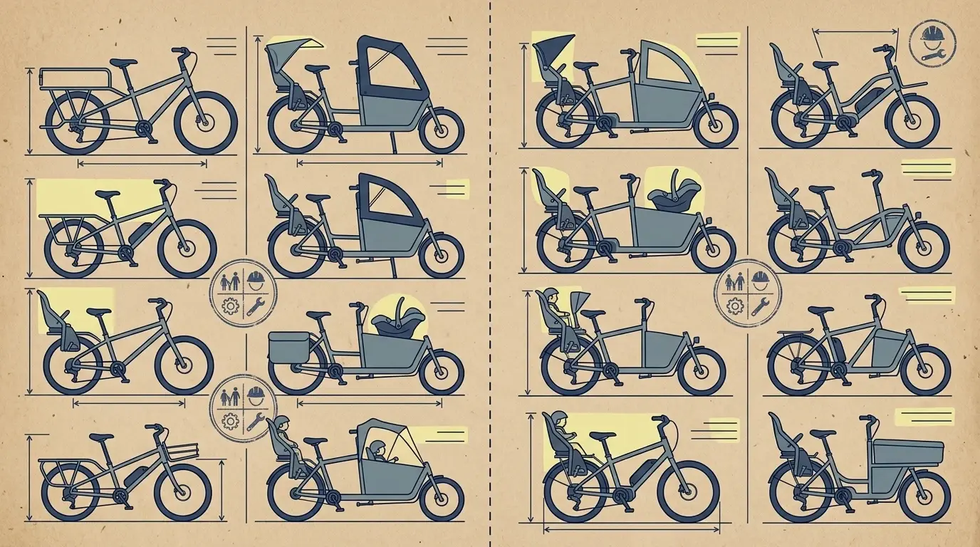 Illustration af forskellige ladcykeltyper med barnesæder, seler og kaleche stillet op ved siden af hinanden
